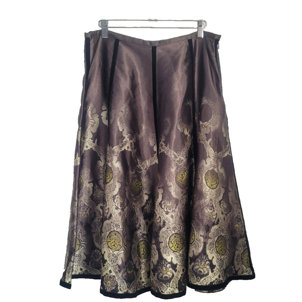 VTG Y2k Apostrophe Satin Art Nouveau Print Midi Skirt Size 12 Regency Victorian